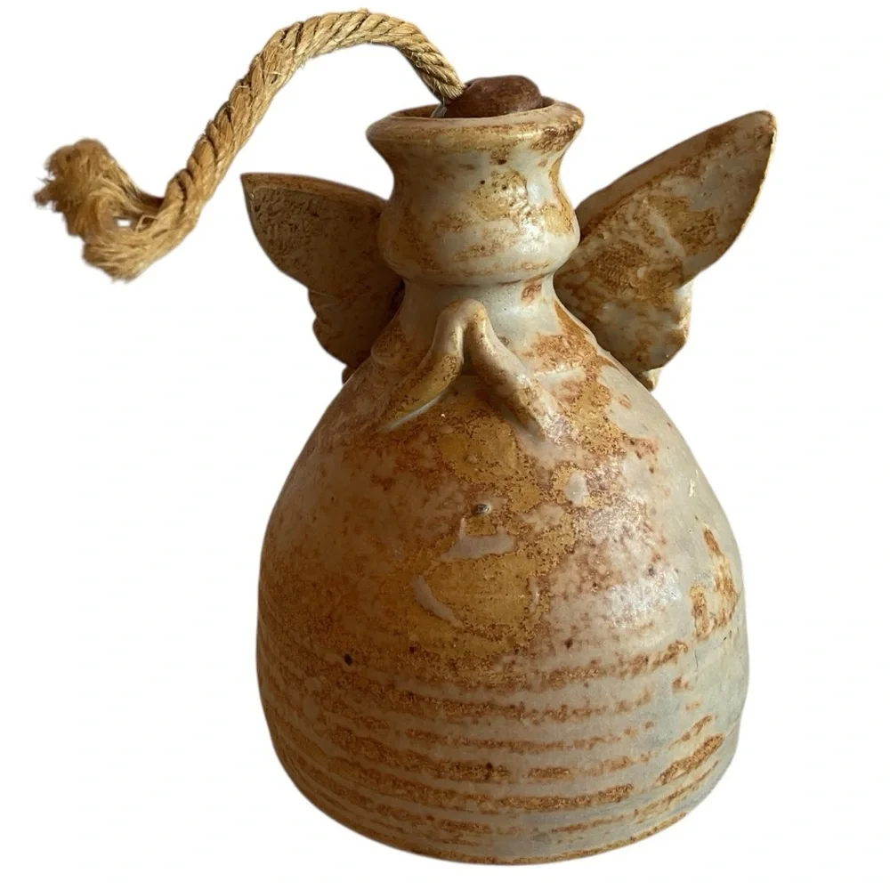 pottery angel oil lamp W/Original wick glazed in earthy brown tones Signed